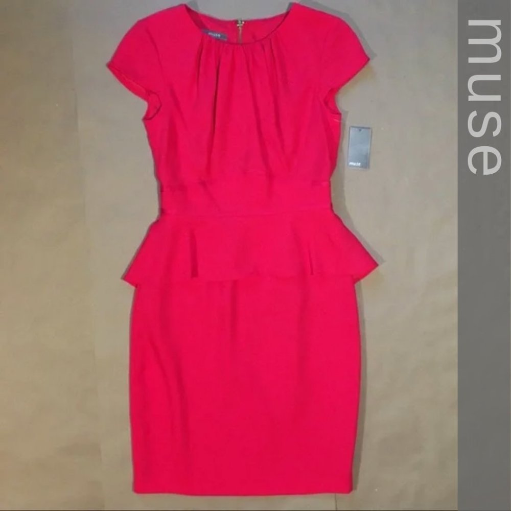 ✨NWT✨Classic Peplum Waist Red Dress w Pencil Skirt & Cap-Sleeves 🏷️by Muse - Picture 2 of 16